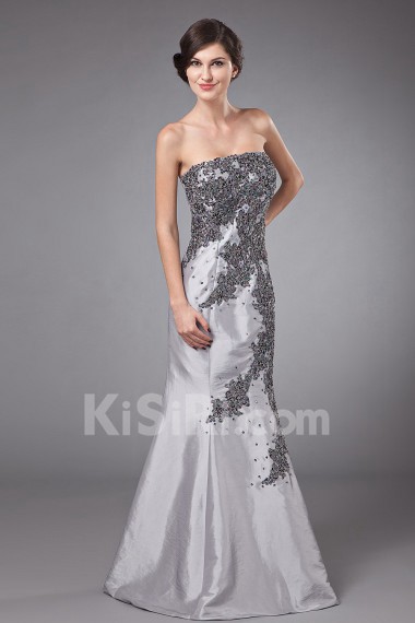 Satin Strapless Floor Length Sheath Dress with Embroidery