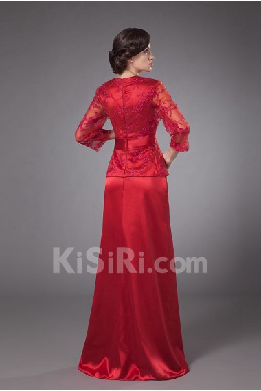 Satin and Lace V-Neckline Floor Length A-line Dress with Bowtie