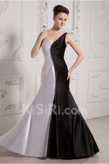 Charmeuse One-Shoulder Floor Length Mermaid Dress with Beaded and Ruffle