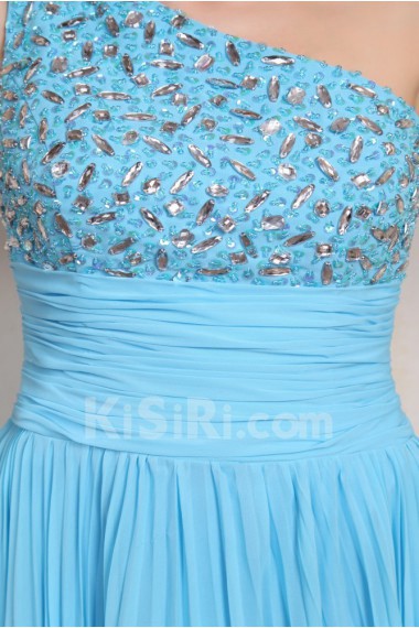 Chiffon One-Shoulder Floor Length Dress with Beaded and Ruffle