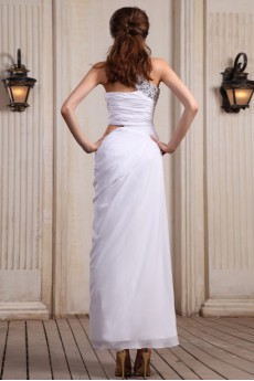Chiffon One-Shoulder Ankle-Length Column Dress with Beaded and Ruffle