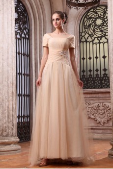 Chiffon Bateau Neckline Floor Length A-line Dress with Embroidery and Short Sleeve