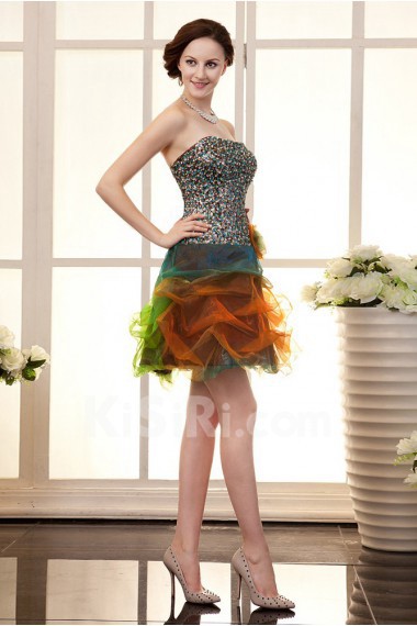 Organza Strapless Short Dress with Handmade Flower and Beaded