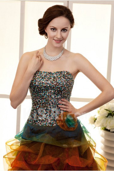 Organza Strapless Short Dress with Handmade Flower and Beaded