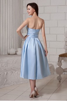 Satin Strapless Tea-Length A-Line Dress with Ruffle
