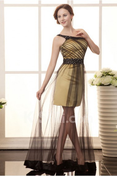 Satin and Grenadine One-Shoulder Floor Length A-Line Dress