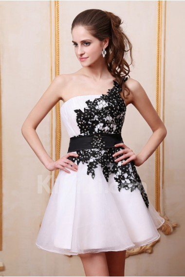 Satin and Organza One-Shoulder Short Dress with Embroidery