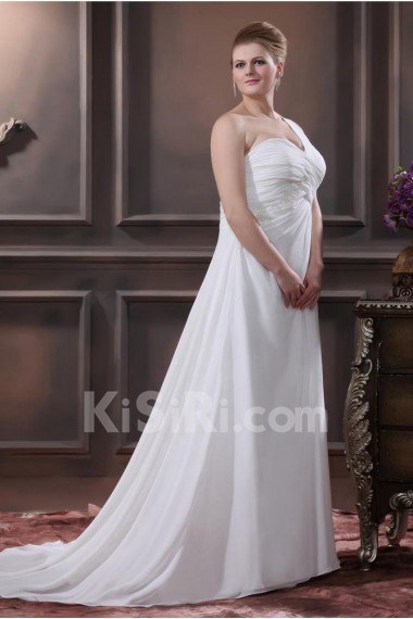 One Shoulder Chiffon Embroidered Plus Size Gown