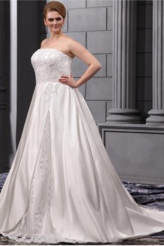 Lace Embroiderd Strapless Satin A-Line Plus Size Gown