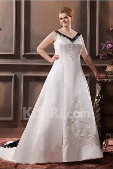 Embroiderd Satin Sleeveless V-Neck A-Line Plus Size Gown