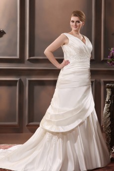 Satin Embroidered V-Neck Plus Size Gown