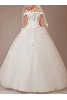 Satin and Tulle Off-the-Shoulder Floor Length Ball Gown with Flowers