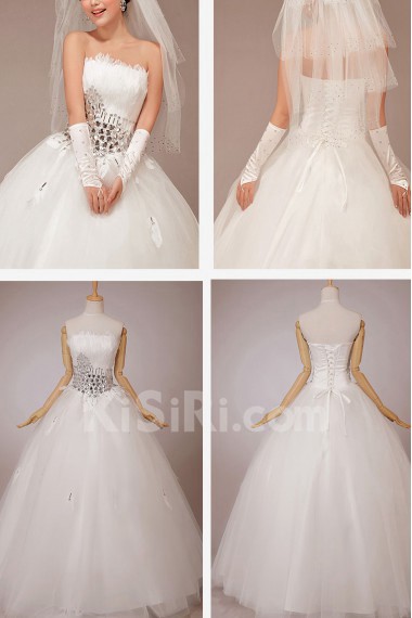 Satin and Net Strapless Floor Length Ball Gown with Feather