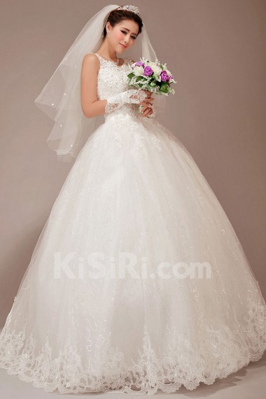Satin and Tulle Straps Floor Length Ball Gown with Embroidered