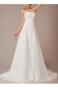 Satin and Lace Strapless Chapel Train A-Line Dress with Crystals