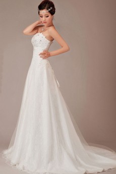 Satin and Lace Strapless Chapel Train A-Line Dress with Crystals