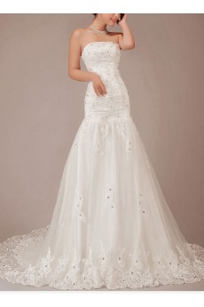 Satin and Lace Strapless Chapel Train A-Line Dress with Sequins
