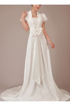 Lace Square Neckline Chapel Train A-Line Dress with Crystals