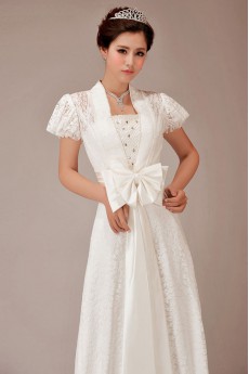 Lace Square Neckline Chapel Train A-Line Dress with Crystals