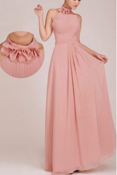 Chiffon High Collar Neckline Floor Length A-Line Dress with Ruched