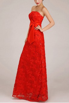 Satin and Lace Strapless Floor Length Column Dress with Embroidered