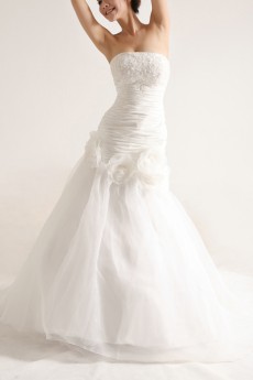 Organza Strapless Mermaid Gown with Pearls