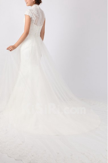 Lace High Collar Neckline Cathedral Train Mermaid Gown with Pearls