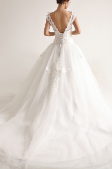 Organza Scoop Neckline Cathedral Train Ball Gown with Pearls