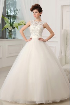 Lace Jewel Neckline Floor Length Ball Gown with Crystal