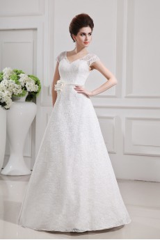 Lace V-neck Floor Length A-line Gown with Handmade Flowers
