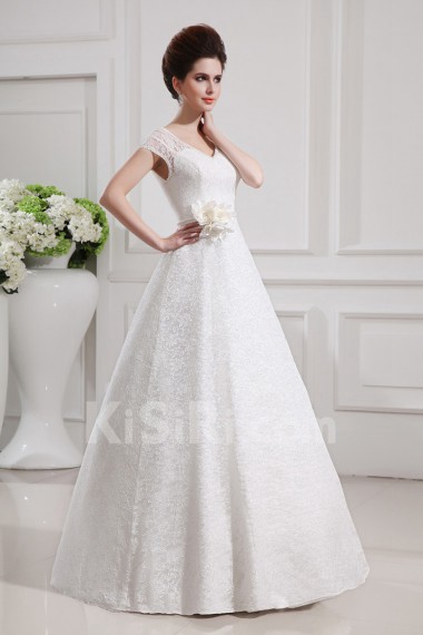 Lace V-neck Floor Length A-line Gown with Handmade Flowers