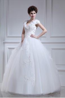 Organza V-neck Floor Length Ball Gown with Pearls