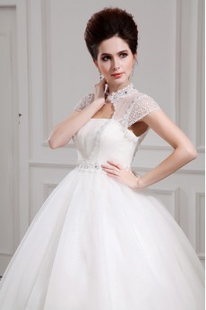 Net and Satin Jewel Neckline Floor Length Ball Gown with Crystal