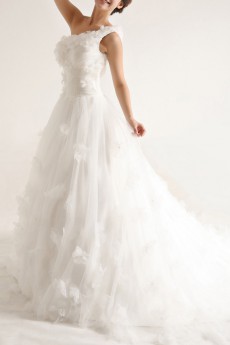 Net and Satin One Shoulder Cathedral Train Ball Gown with Handmade Flowers