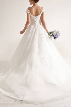 Net and Satin Off-the-Shoulder Cathedral Train Ball Gown with Beading