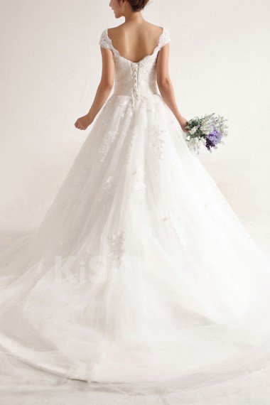 Net and Satin Off-the-Shoulder Cathedral Train Ball Gown with Beading