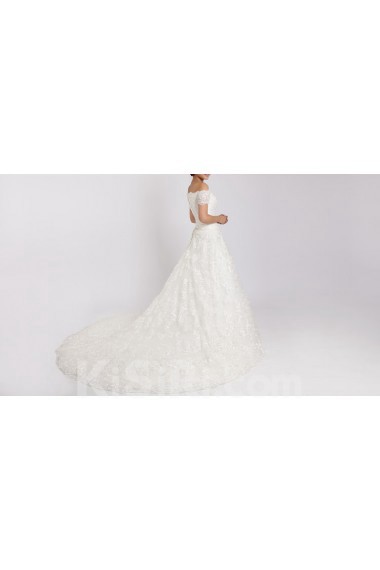 Lace Off-the-Shoulder Cathedral Train Ball Gown with Crystal