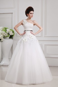 Net and Satin One Shoulder Floor Length Ball Gown with Handmade Flowers