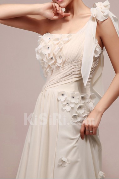 Chiffon One Shoulder Empire Gown with Handmade Flowers