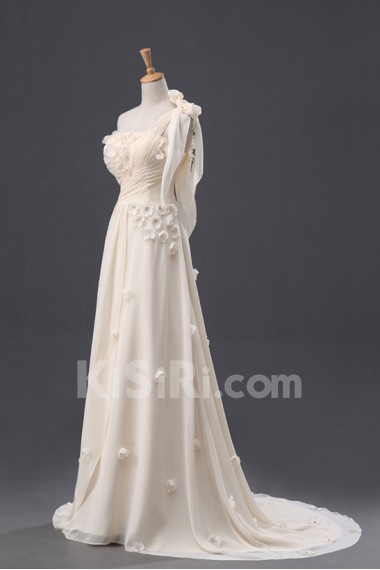 Chiffon One Shoulder Empire Gown with Handmade Flowers
