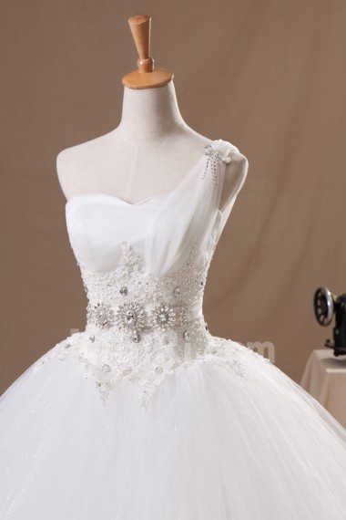 Organza One Shoulder Floor Length Ball Gown with Handmade Flowers