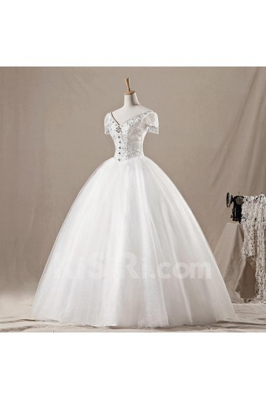 Net V-neck Floor Length Ball Gown with Crystal