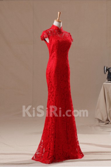 Satin High Collar Neckline Floor Length Mermaid Gown with Embroidered