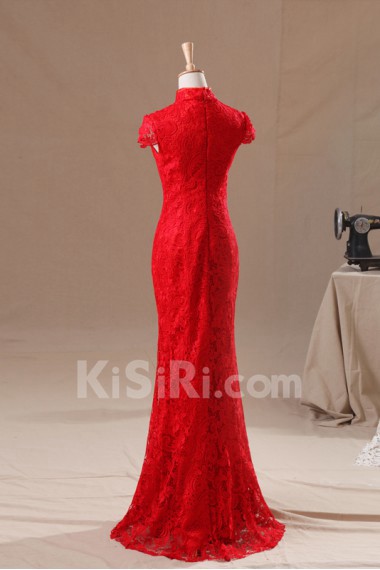 Satin High Collar Neckline Floor Length Mermaid Gown with Embroidered