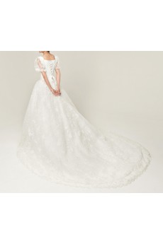 Satin Scoop Neckline Cathedral Train Ball Gown with Sequins