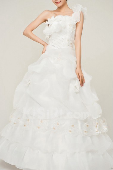 Organza One Shoulder Floor Length Ball Gown with Handmade Flowers