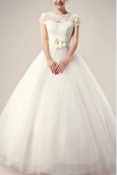 Satin Jewel Neckline Floor Length Ball Gown with Pearls