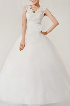 Organza V-neck Floor Length Ball Gown with Handmade Flowers