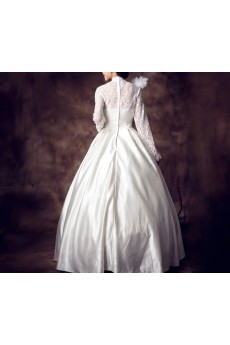 Lace High Collar Neckline Floor Length Ball Gown with Feather