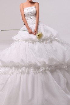 Satin Strapless Cathedral Train Ball Gown with Handmade Flowers